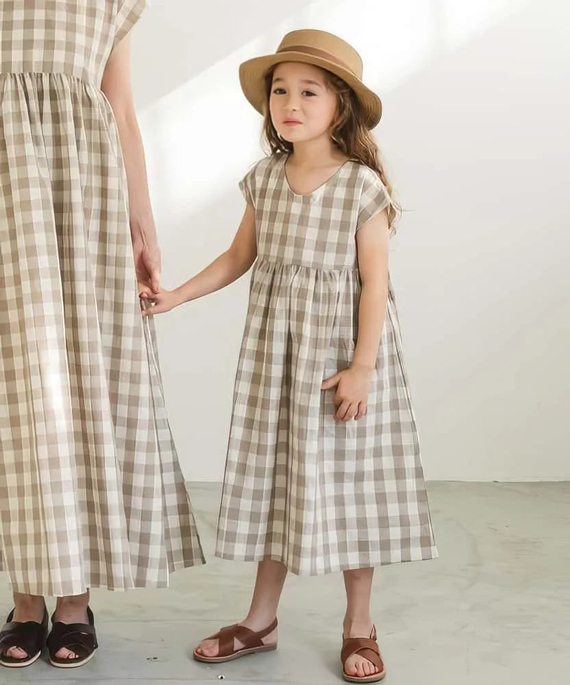2-WAY Checked Cotton Short Sleeve One Piece Dress
