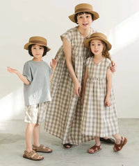 2-WAY Checked Cotton Short Sleeve One Piece Dress